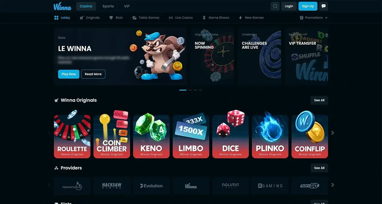 Winna Casino — početna stranica